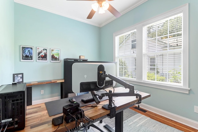 office space featuring ceiling fan, hardwood / wood-style flooring, and ornamental molding