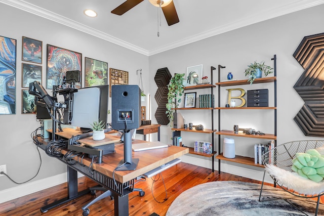 office featuring ornamental molding, hardwood / wood-style floors, and ceiling fan