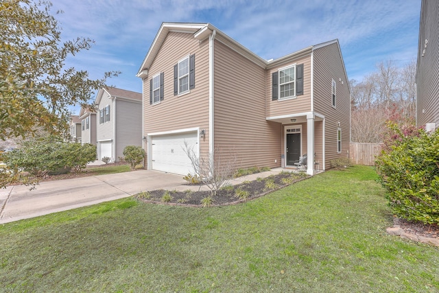 view of front of house featuring driveway, a front lawn, an attached garage, and fence