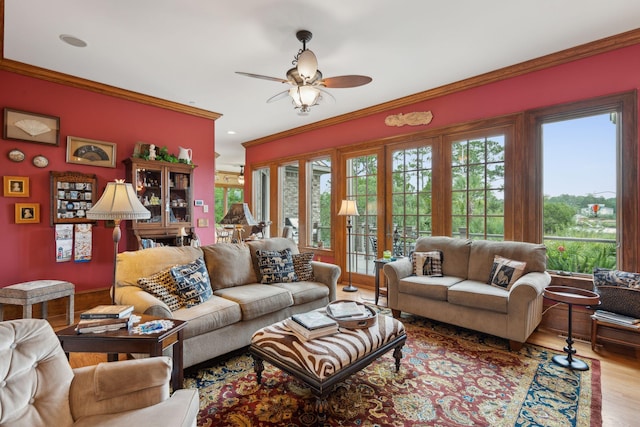 2834 Parkers Landing Rd, Mount Pleasant, SC 29466 - living area featuring ornamental molding, ceiling fan, and wood finished floors