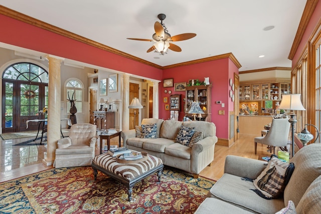 2834 Parkers Landing Rd, Mount Pleasant, SC 29466 - living room featuring ceiling fan, ornate columns, wood finished floors, crown molding, and recessed lighting