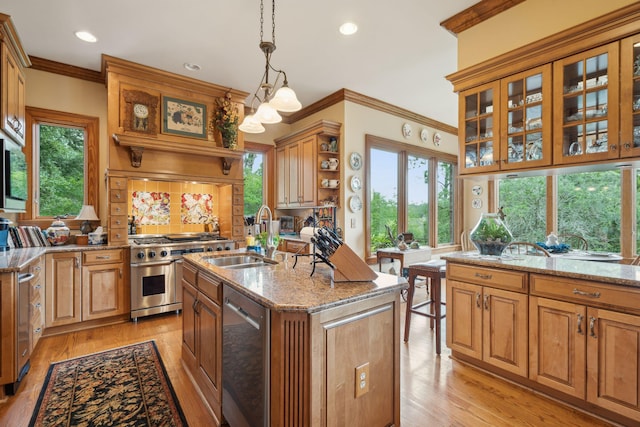 2834 Parkers Landing Rd, Mount Pleasant, SC 29466 - kitchen with appliances with stainless steel finishes, crown molding, light stone countertops, open shelves, and hanging light fixtures