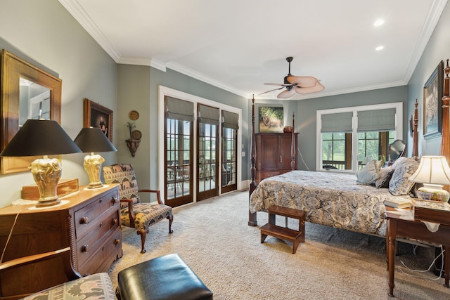2834 Parkers Landing Rd, Mount Pleasant, SC 29466 - carpeted bedroom with ornamental molding, access to outside, a ceiling fan, and recessed lighting
