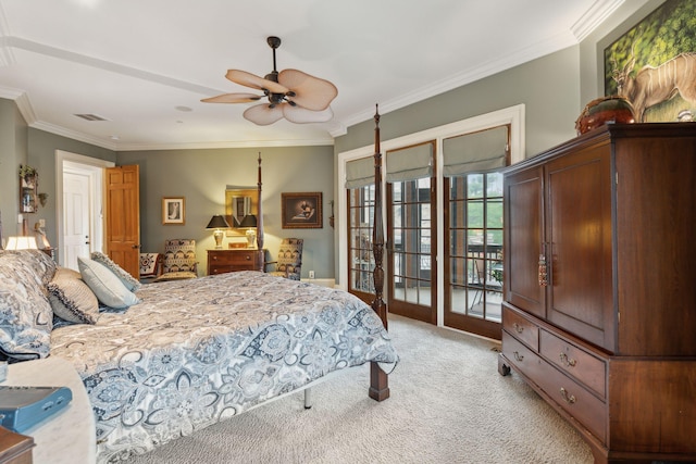 2834 Parkers Landing Rd, Mount Pleasant, SC 29466 - bedroom with light carpet, access to exterior, ornamental molding, and ceiling fan