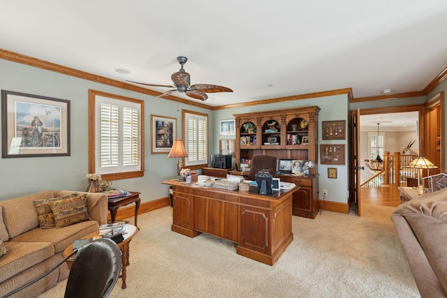 2834 Parkers Landing Rd, Mount Pleasant, SC 29466 - home office featuring light carpet, crown molding, and ceiling fan