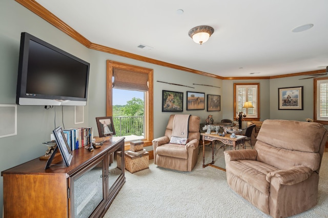 2834 Parkers Landing Rd, Mount Pleasant, SC 29466 - living area with carpet, ornamental molding, a ceiling fan, and a desk