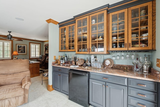2834 Parkers Landing Rd, Mount Pleasant, SC 29466 - indoor wet bar with light carpet, ceiling fan, fridge, and dishwasher