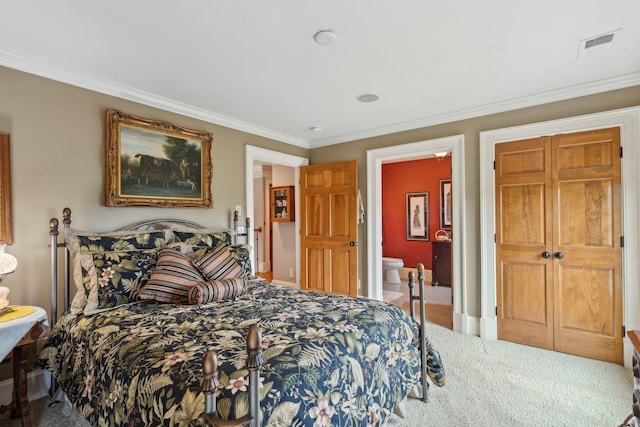 2834 Parkers Landing Rd, Mount Pleasant, SC 29466 - bedroom featuring carpet flooring, crown molding, and ensuite bathroom