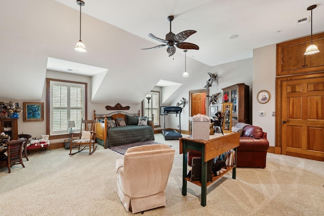 2834 Parkers Landing Rd, Mount Pleasant, SC 29466 - carpeted living area featuring vaulted ceiling and ceiling fan