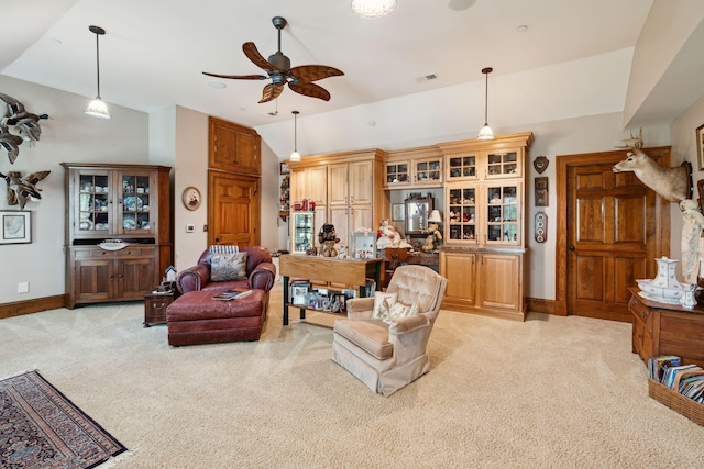 2834 Parkers Landing Rd, Mount Pleasant, SC 29466 - living area with vaulted ceiling, light carpet, and a ceiling fan