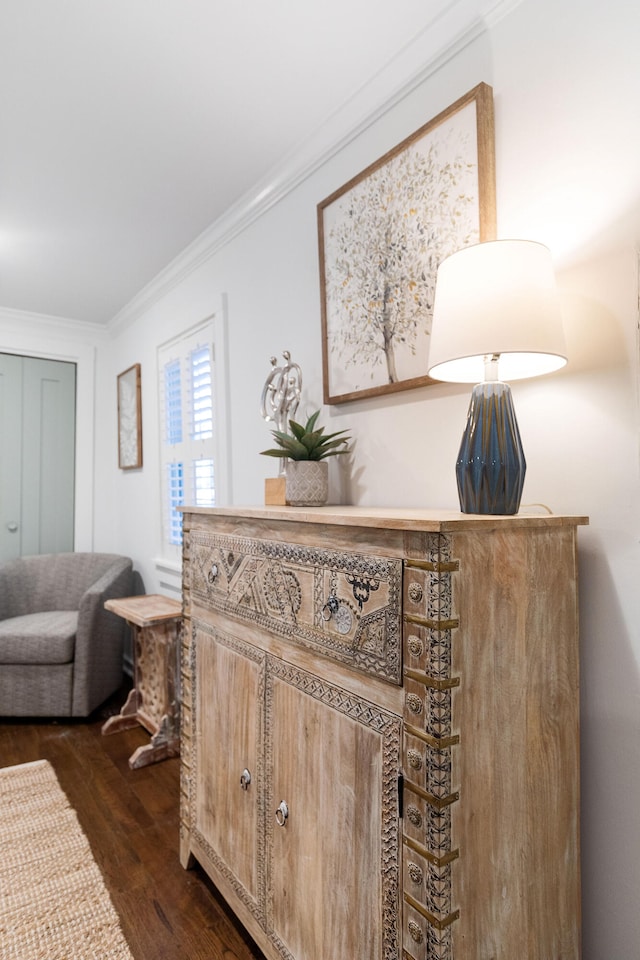 interior space featuring dark hardwood / wood-style flooring and ornamental molding