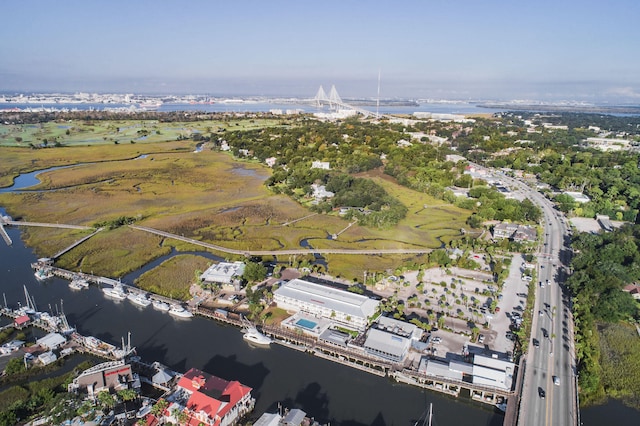 drone / aerial view with a water view