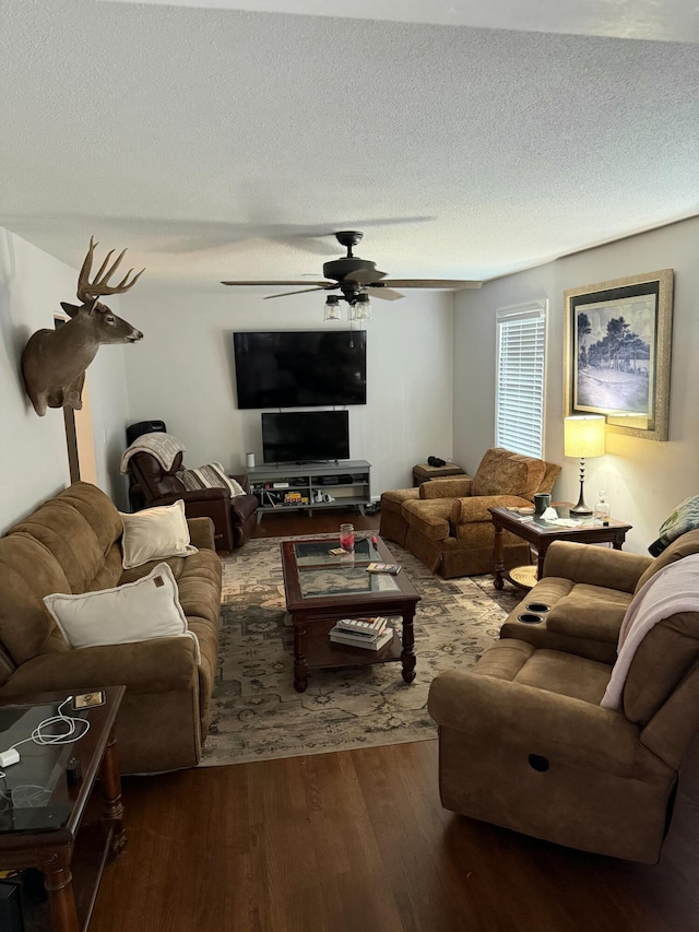 913 Natchez Trl, West Columbia, SC 29169 - living room with wood finished floors, a ceiling fan, and a textured ceiling