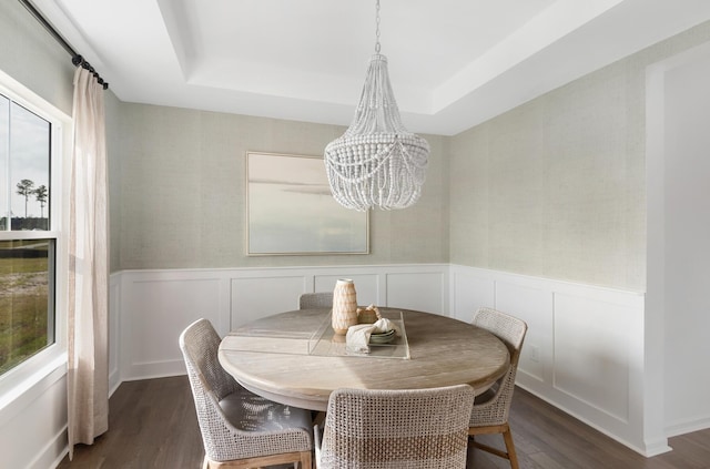 dining space featuring dark wood-type flooring, a tray ceiling, and a wealth of natural light