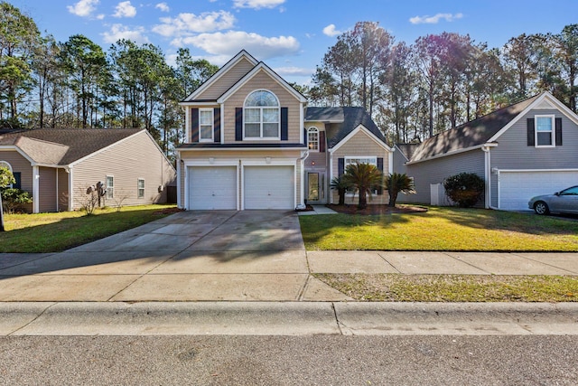 view of front facade with a front yard, a garage, and driveway