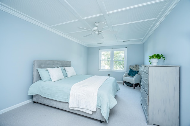 bedroom featuring crown molding, light colored carpet, and ceiling fan