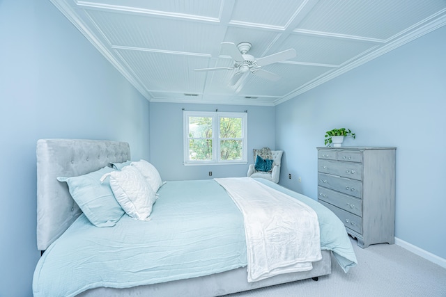 carpeted bedroom with crown molding and ceiling fan