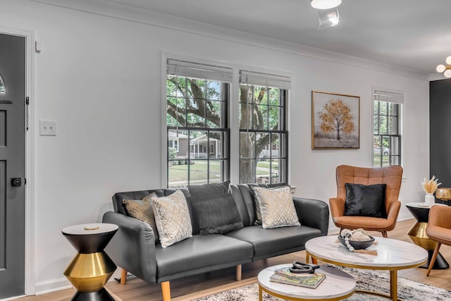 living room featuring healthy amount of natural light, wood finished floors, and crown molding