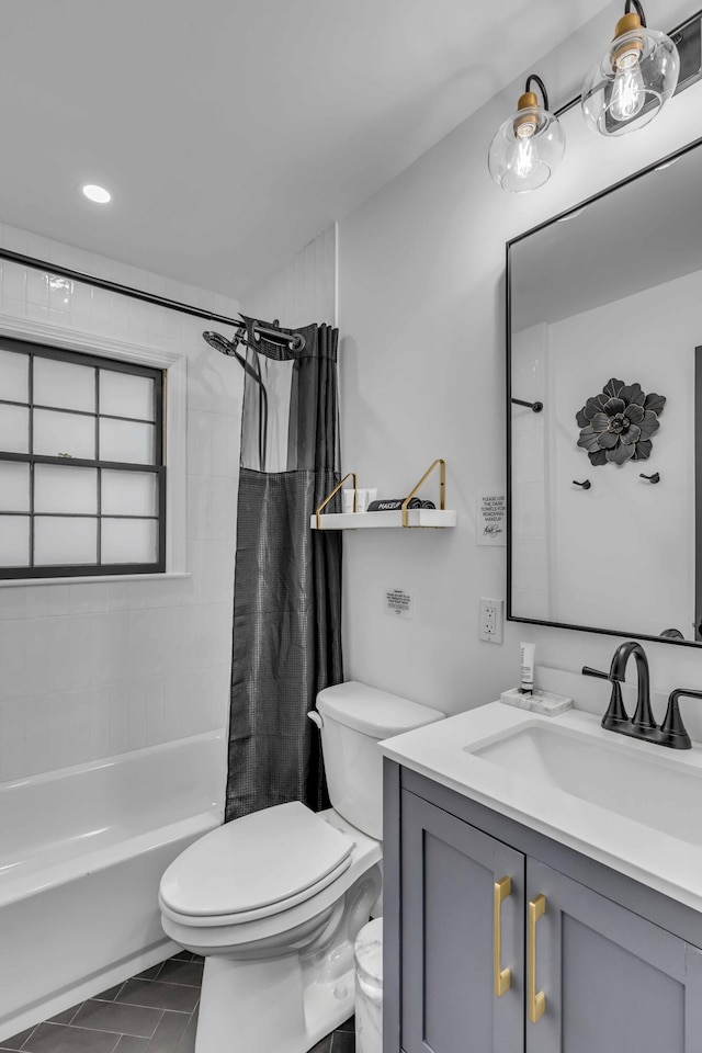 full bath with toilet, vanity, shower / bathtub combination with curtain, and recessed lighting