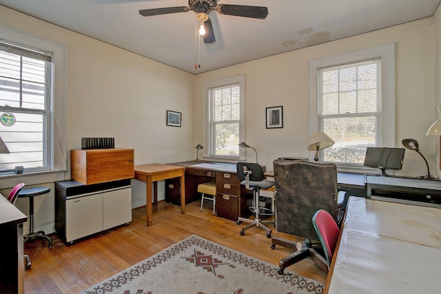 office area with ceiling fan and wood finished floors