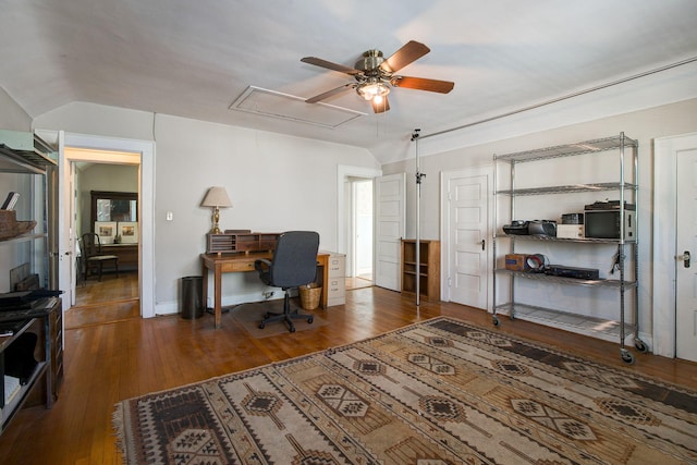 office with attic access, wood finished floors, a ceiling fan, and vaulted ceiling