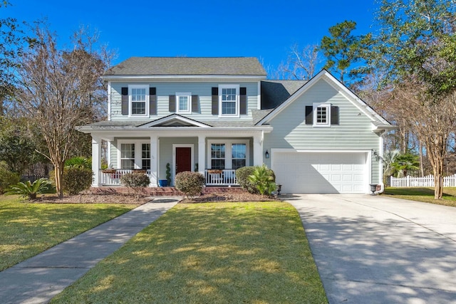 traditional home featuring driveway, a garage, fence, a porch, and a front yard