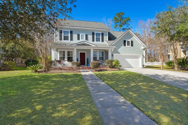 traditional-style home featuring a porch, a garage, fence, concrete driveway, and a front yard