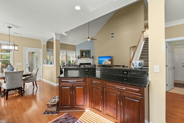 kitchen with lofted ceiling, visible vents, hanging light fixtures, and wood finished floors