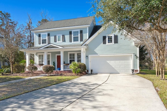 traditional home featuring a porch, concrete driveway, and an attached garage