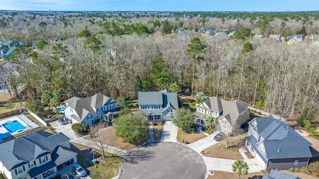 birds eye view of property with a residential view and a view of trees