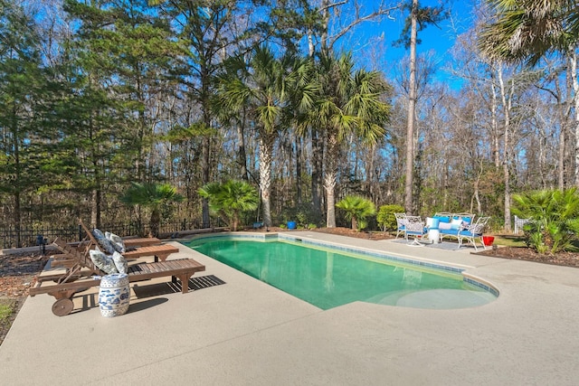 view of swimming pool featuring a fenced in pool, a patio area, and fence