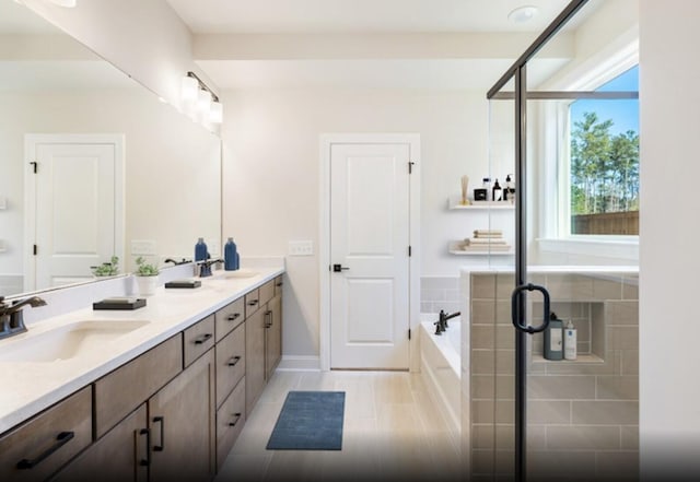 bathroom with vanity and plus walk in shower