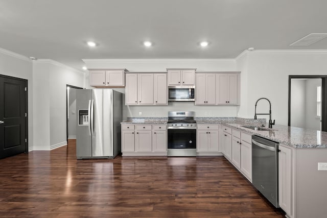 kitchen featuring kitchen peninsula, stainless steel appliances, dark hardwood / wood-style flooring, and crown molding