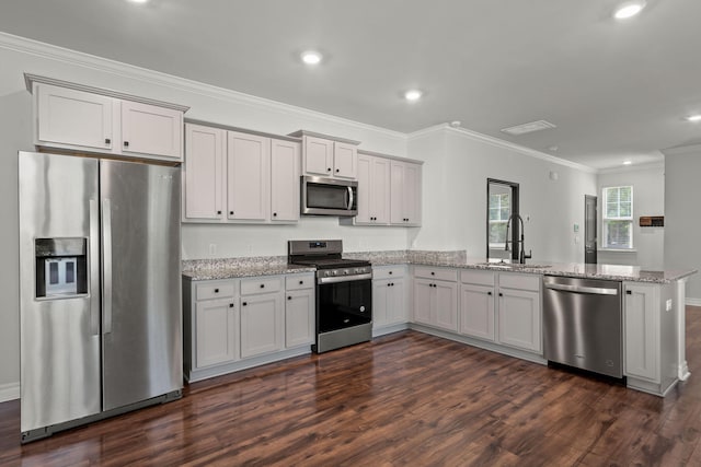 kitchen with ornamental molding, stainless steel appliances, kitchen peninsula, sink, and dark wood-type flooring