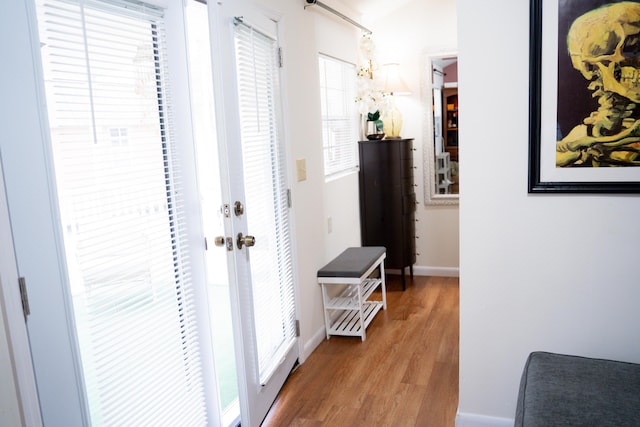 corridor with french doors, baseboards, and wood finished floors