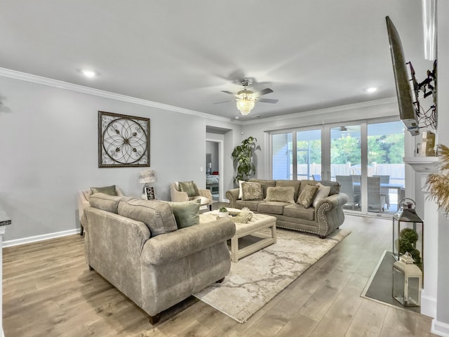 209 Celestial Blvd, Summerville, SC 29486 - living room featuring light wood-type flooring, a ceiling fan, ornamental molding, baseboards, and recessed lighting