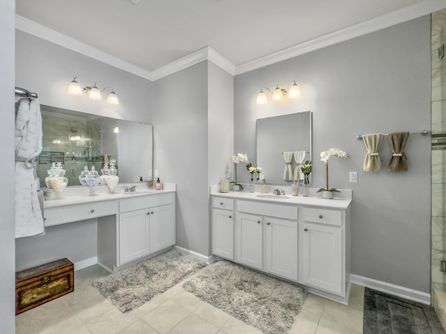 209 Celestial Blvd, Summerville, SC 29486 - full bath featuring ornamental molding, a shower stall, two vanities, baseboards, and tile patterned floors
