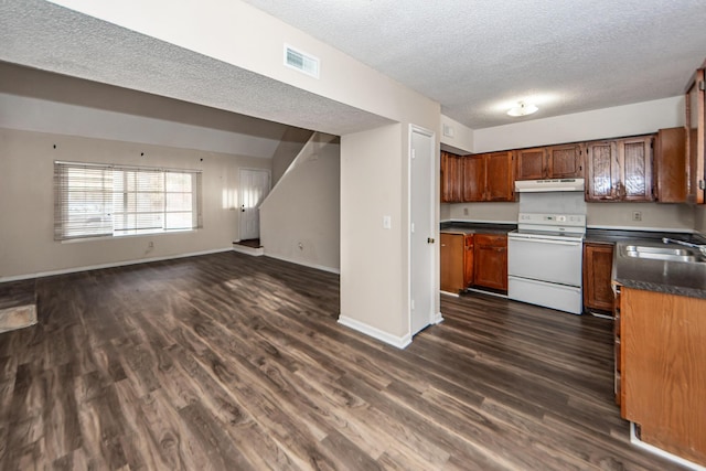 kitchen featuring sink, dark hardwood / wood-style flooring, a textured ceiling, and white electric stove