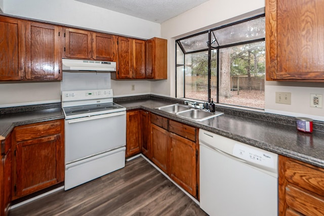 kitchen with a textured ceiling, dark hardwood / wood-style flooring, sink, and white appliances