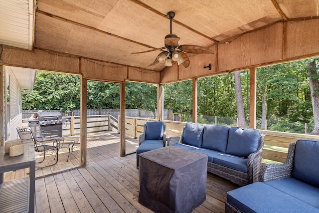 5052 Hidden Forest Ln, North Charleston, SC 29420 - wooden terrace with an outdoor living space, ceiling fan, a fenced backyard, and area for grilling