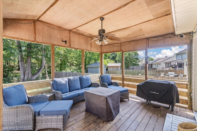 5052 Hidden Forest Ln, North Charleston, SC 29420 - sunroom / solarium featuring ceiling fan, outdoor lounge area, and lofted ceiling