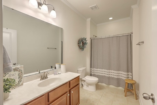 full bath featuring visible vents, toilet, ornamental molding, and tile patterned flooring