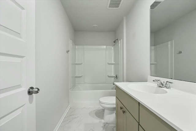 full bathroom featuring toilet, vanity, and washtub / shower combination