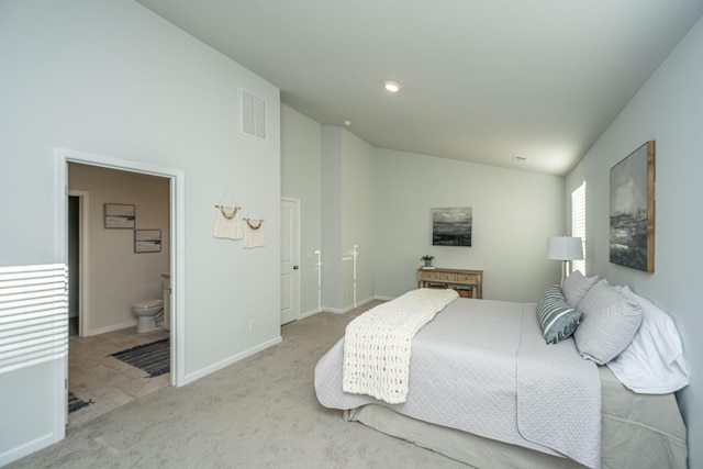 101 Orchid Bloom Cir, Moncks Corner, SC 29461 - bedroom featuring lofted ceiling, carpet flooring, baseboards, connected bathroom, and recessed lighting