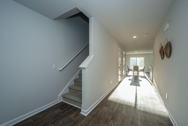 101 Orchid Bloom Cir, Moncks Corner, SC 29461 - corridor featuring wood finished floors, stairs, baseboards, and recessed lighting