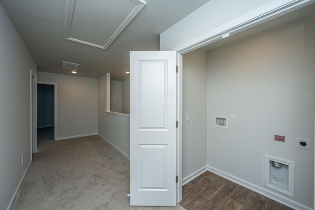 101 Orchid Bloom Cir, Moncks Corner, SC 29461 - laundry area featuring electric dryer hookup, attic access, washer hookup, and baseboards