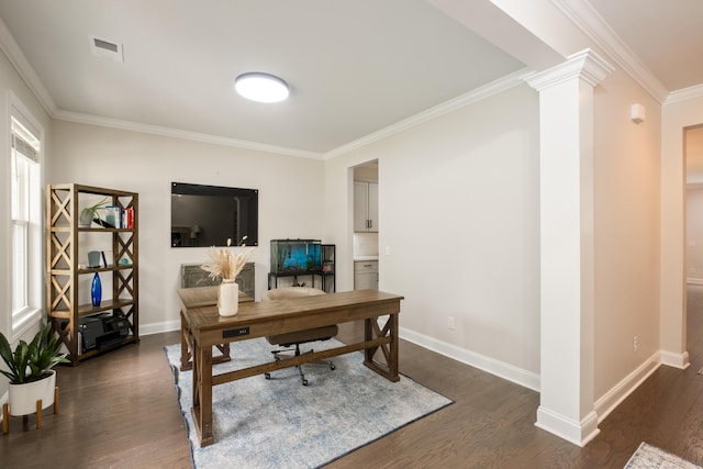 125 Beam St, Huger, SC 29450 - office featuring dark wood-type flooring, ornamental molding, baseboards, and ornate columns
