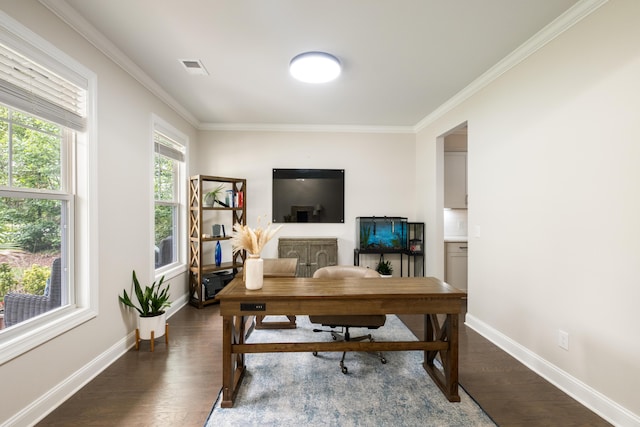 125 Beam St, Huger, SC 29450 - office area with ornamental molding, dark wood-type flooring, and baseboards