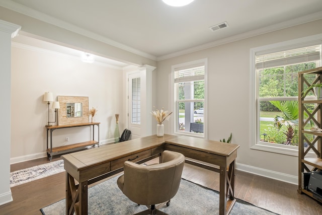 125 Beam St, Huger, SC 29450 - home office featuring baseboards, dark wood finished floors, and crown molding