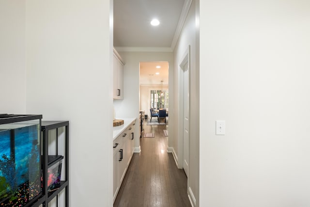 125 Beam St, Huger, SC 29450 - hall featuring dark wood-style flooring, crown molding, recessed lighting, and baseboards